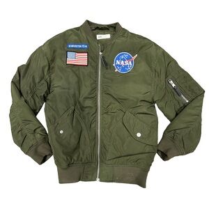 H&M Green Military Boys Bomber Jacket with NASA Patches